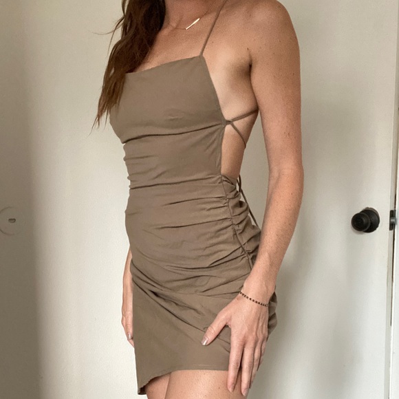 Tan Cross Back Mini Dress - Picture 3 of 6